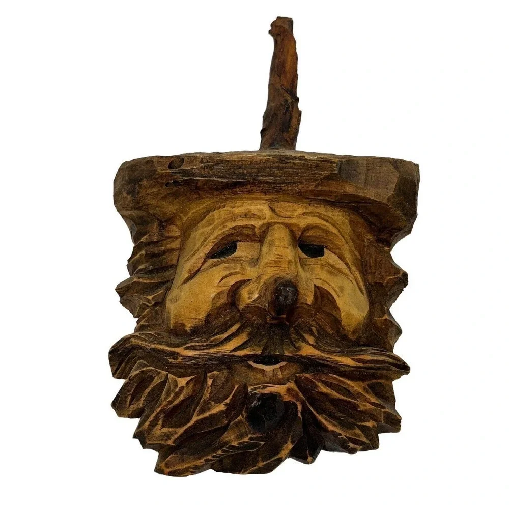 Vintage Artisan Real Wood Hand Carved Old Man Wall Hangings Set of 2 Bearded